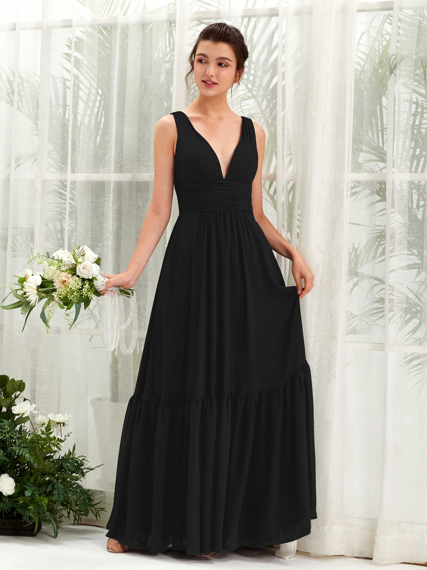 Black Bridesmaid Dresses Bridesmaid Dress A-line Chiffon Straps Full Length Sleeveless Wedding Party Dress (80223715)#color_black