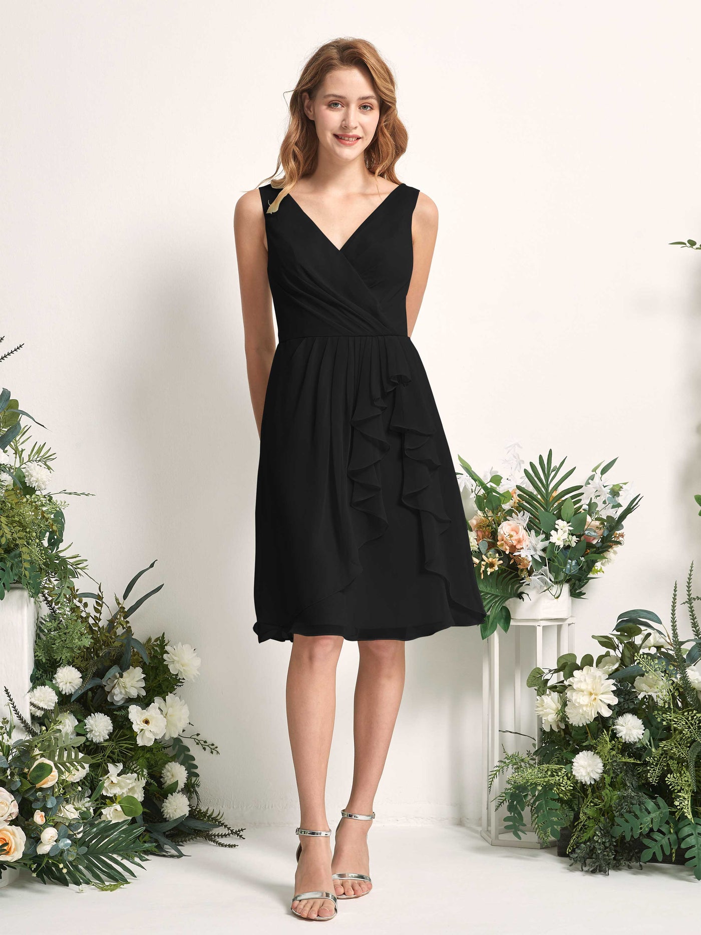 Bridesmaid Dress A-line Chiffon Straps Knee Length Sleeveless Wedding Party Dress - Black (81226615)#color_black