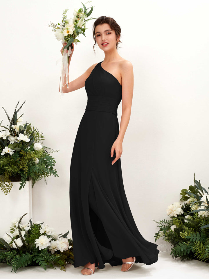 Black Bridesmaid Dresses Bridesmaid Dress A-line Chiffon One Shoulder Full Length Sleeveless Wedding Party Dress (81224715)