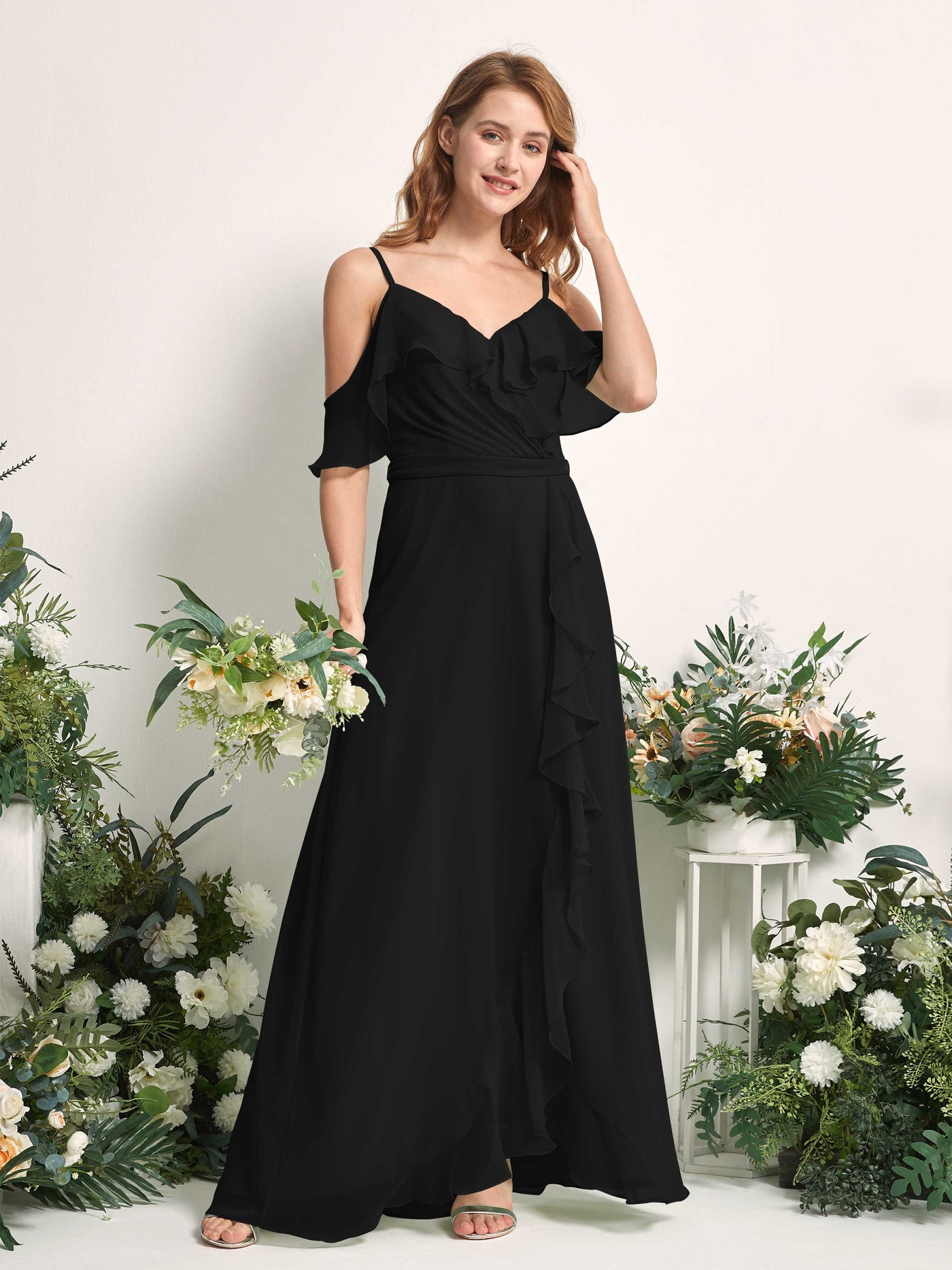 Bridesmaid Dress A-line Chiffon Spaghetti-straps Full Length Sleeveless Wedding Party Dress - Black (81227415)#color_black