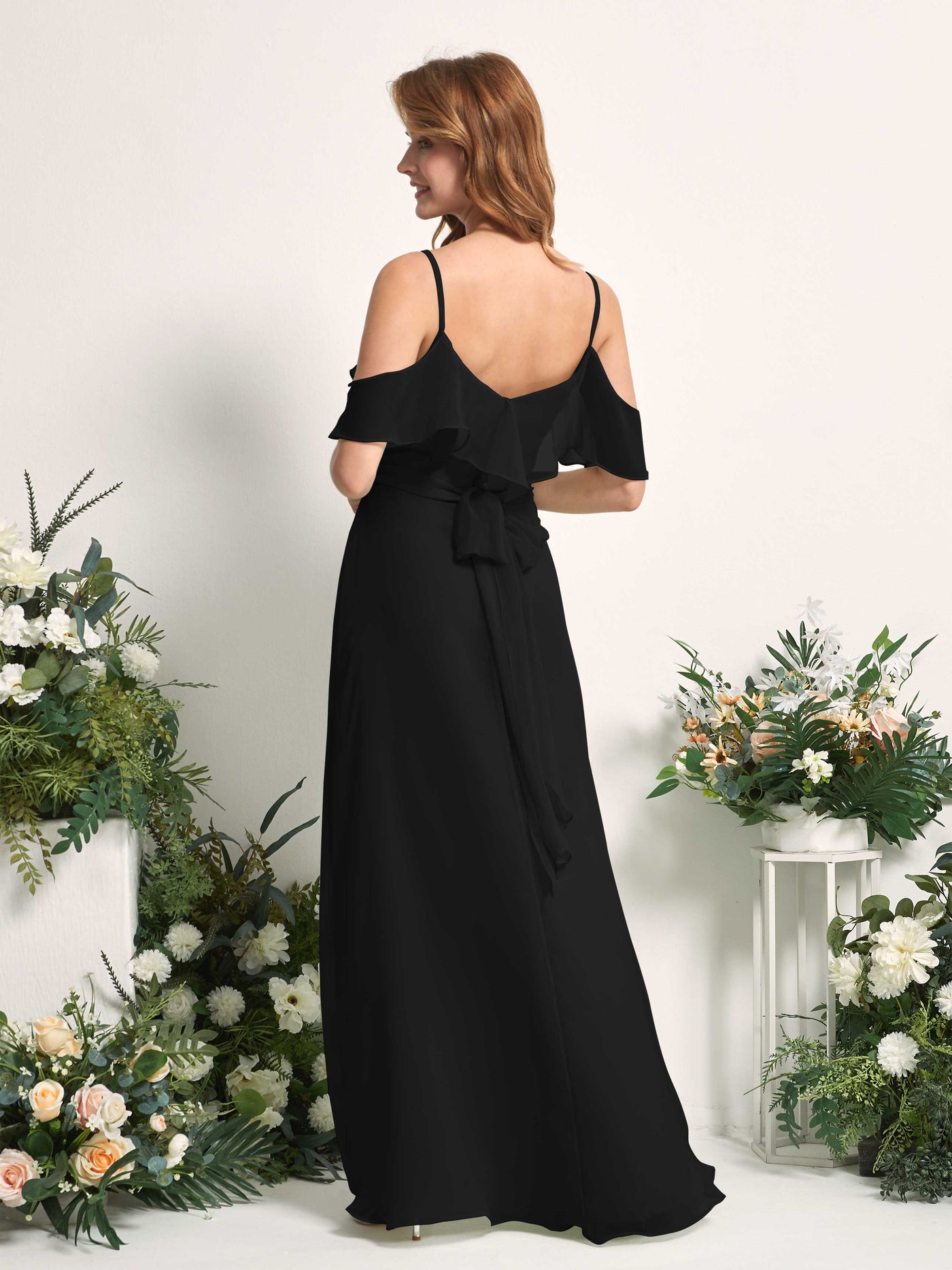 Bridesmaid Dress A-line Chiffon Spaghetti-straps Full Length Sleeveless Wedding Party Dress - Black (81227415)#color_black