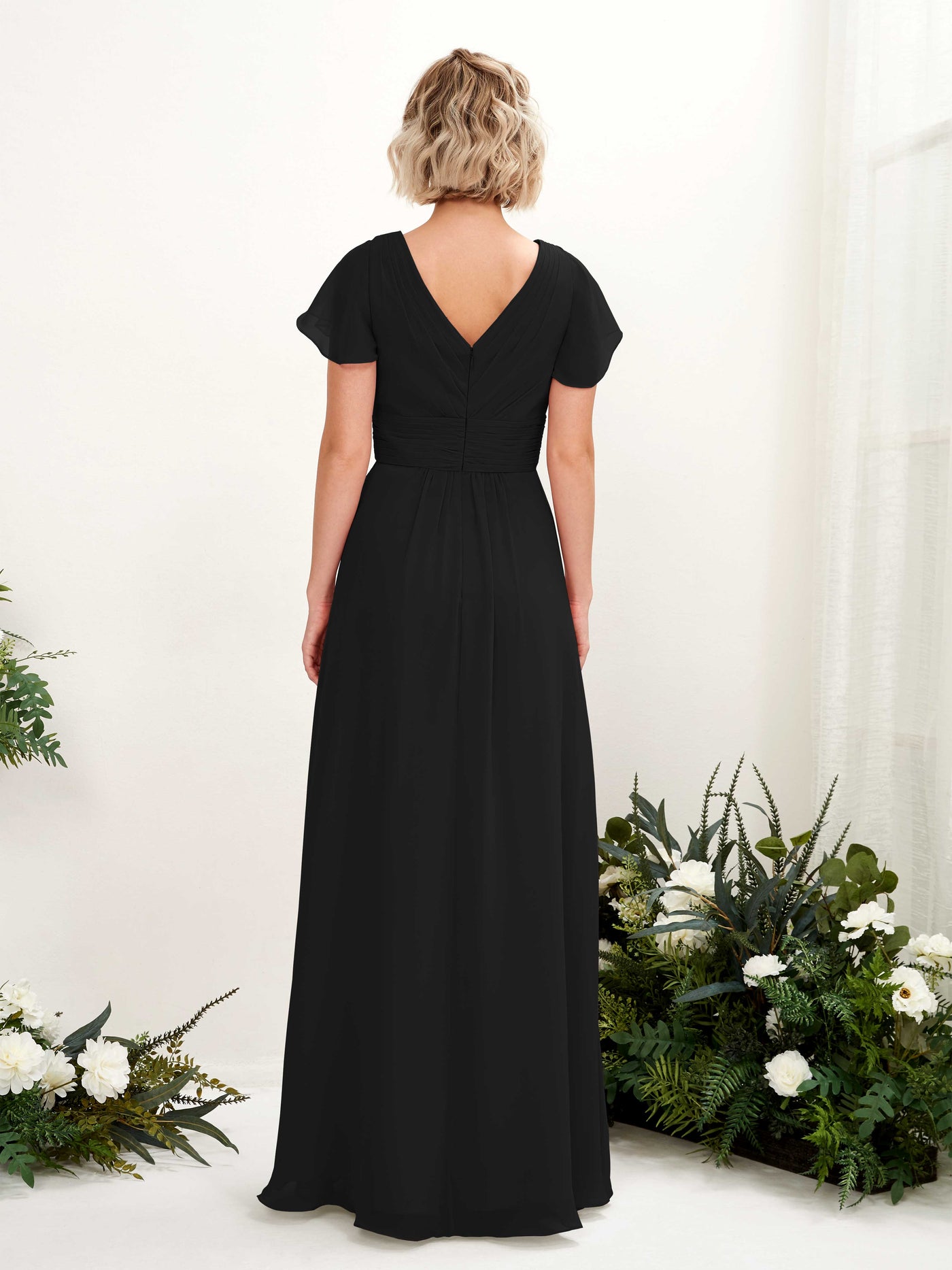 Black Bridesmaid Dresses Bridesmaid Dress A-line Chiffon V-neck Full Length Short Sleeves Wedding Party Dress (81224315)#color_black