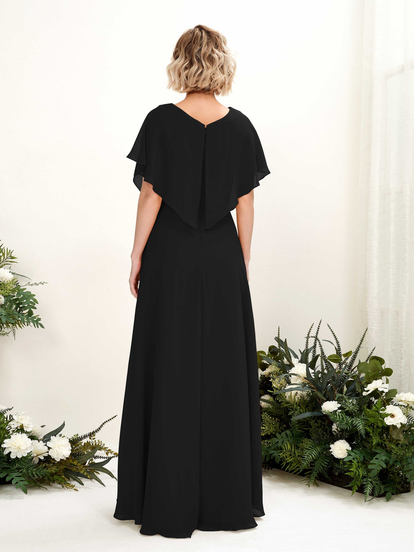 Black Bridesmaid Dresses Bridesmaid Dress A-line Chiffon V-neck Full Length Short Sleeves Wedding Party Dress (81222115)#color_black