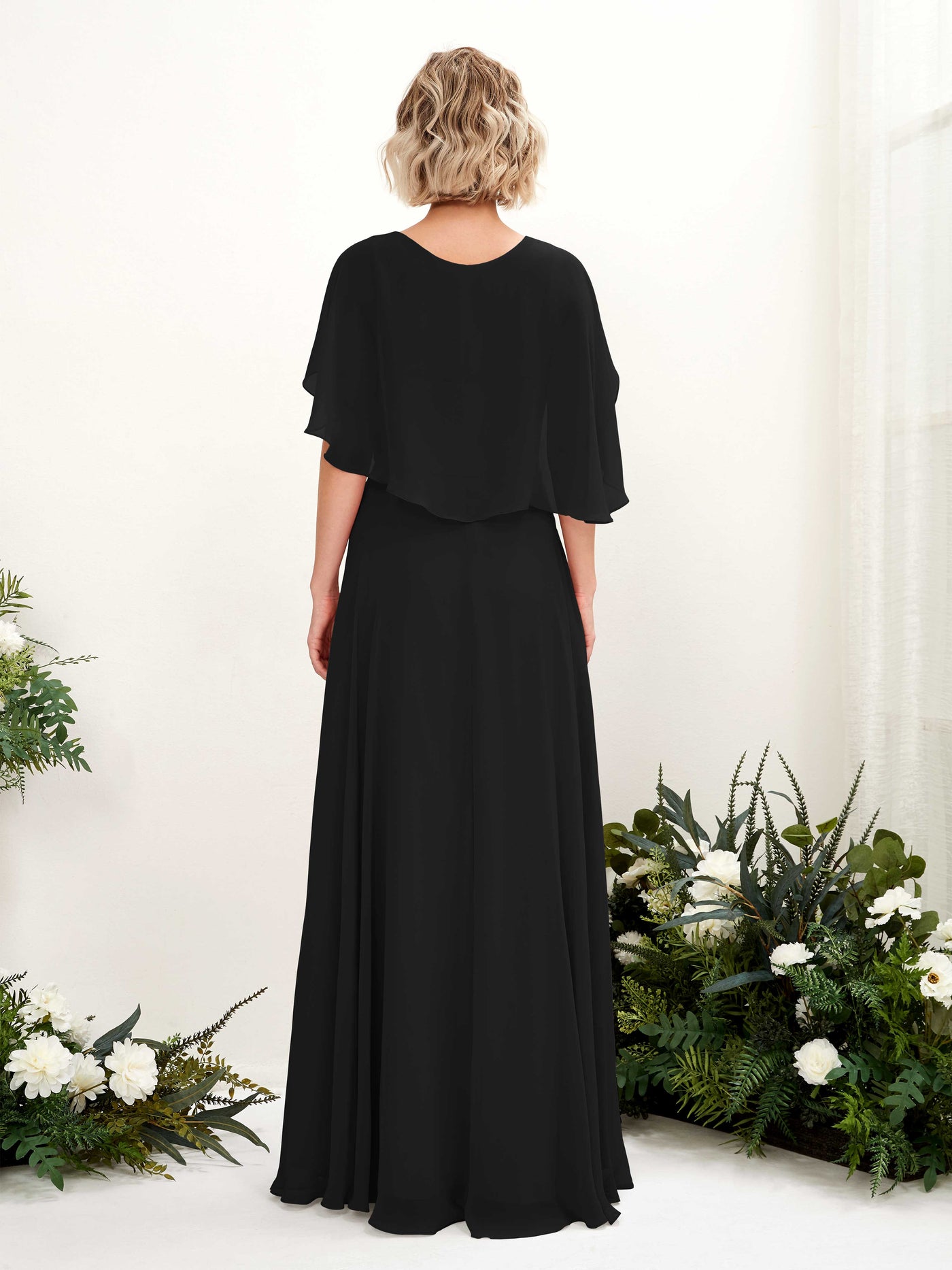 Black Bridesmaid Dresses Bridesmaid Dress A-line Chiffon V-neck Full Length Short Sleeves Wedding Party Dress (81224415)#color_black