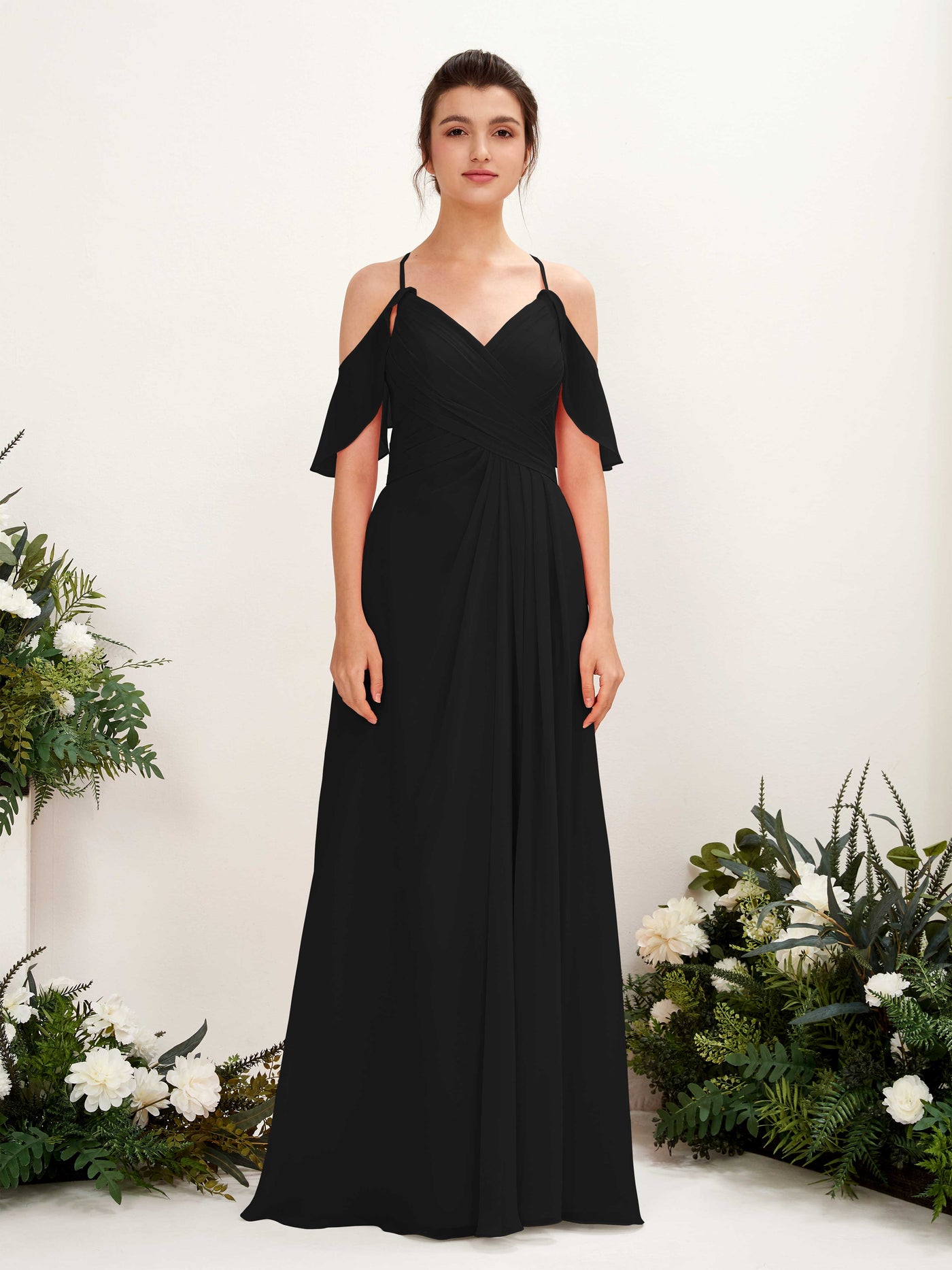 Ball Gown Off Shoulder Spaghetti-straps Chiffon Bridesmaid Dress - Black (81221715)#color_black