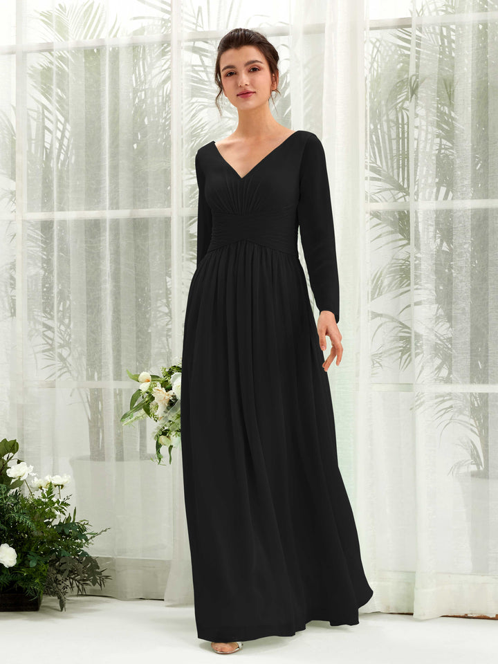Black Bridesmaid Dresses Bridesmaid Dress A-line Chiffon V-neck Full Length Long Sleeves Wedding Party Dress (81220315)