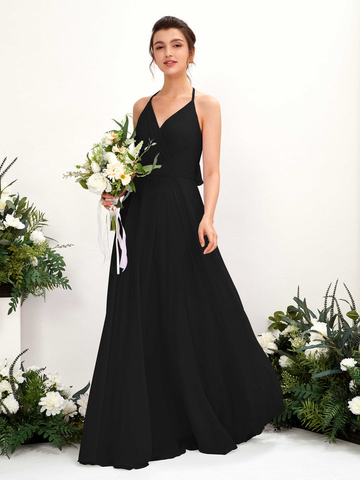 Halter V-neck Sleeveless Chiffon Bridesmaid Dress - Black (81221015)