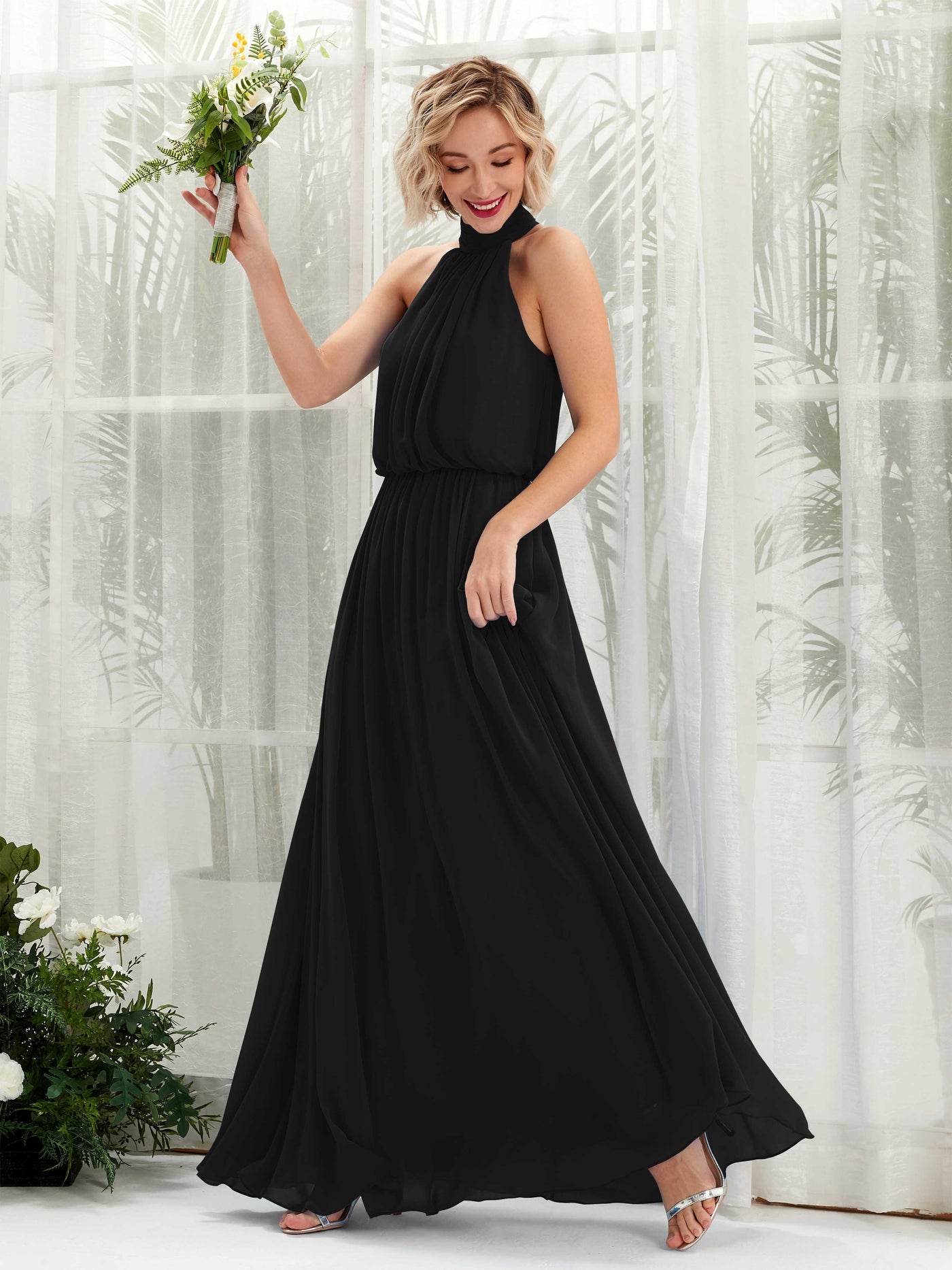 Black Bridesmaid Dresses Bridesmaid Dress A-line Chiffon Halter Full Length Sleeveless Wedding Party Dress (81222915)#color_black