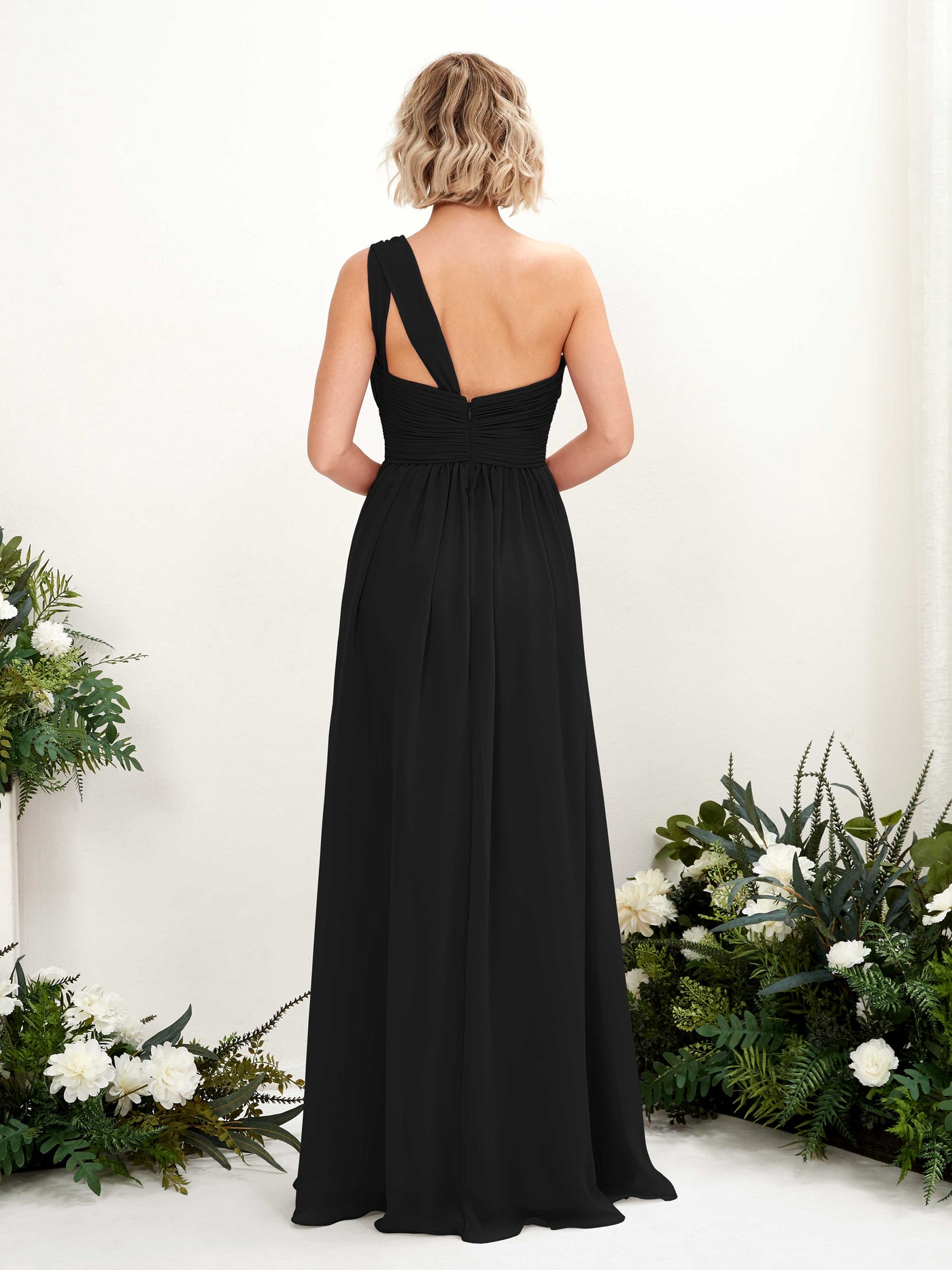 Black Bridesmaid Dresses Bridesmaid Dress Ball Gown Chiffon One Shoulder Full Length Sleeveless Wedding Party Dress (81225015)#color_black