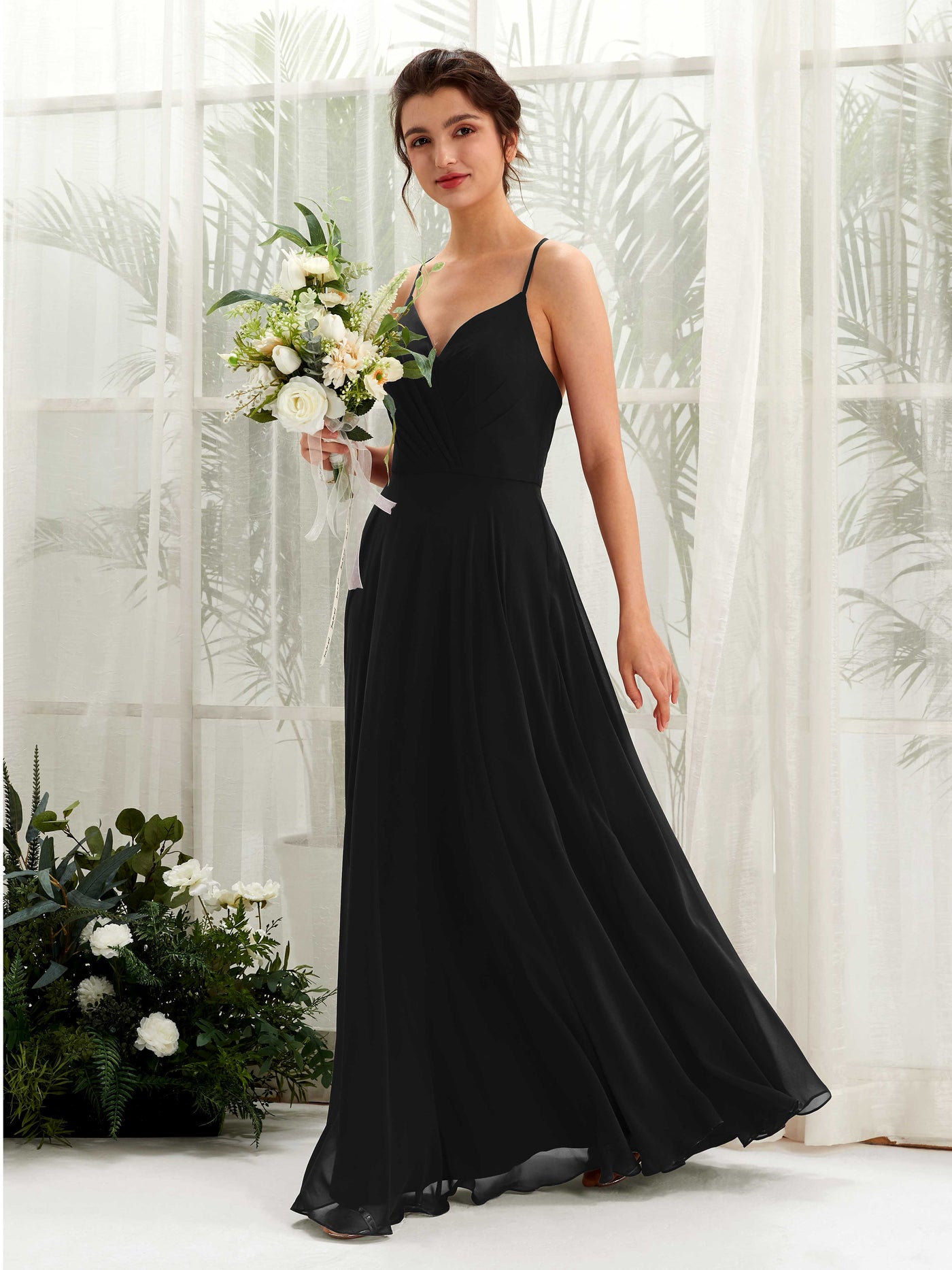 Black Bridesmaid Dresses Bridesmaid Dress Chiffon Spaghetti-straps Full Length Sleeveless Wedding Party Dress (81224215)#color_black