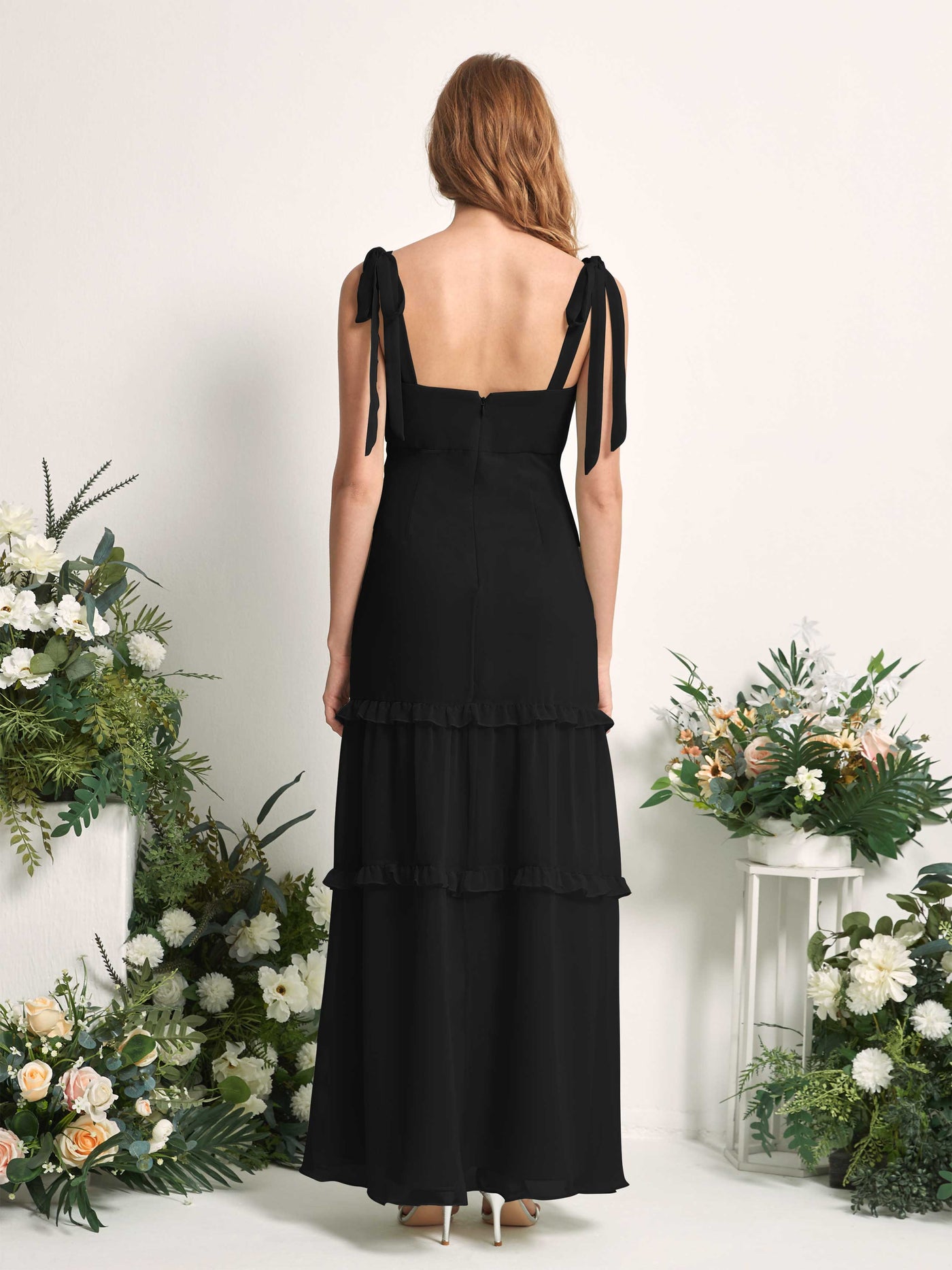 Bridesmaid Dress Chiffon Straps Full Length Sleeveless Wedding Party Dress - Black (81227515)#color_black