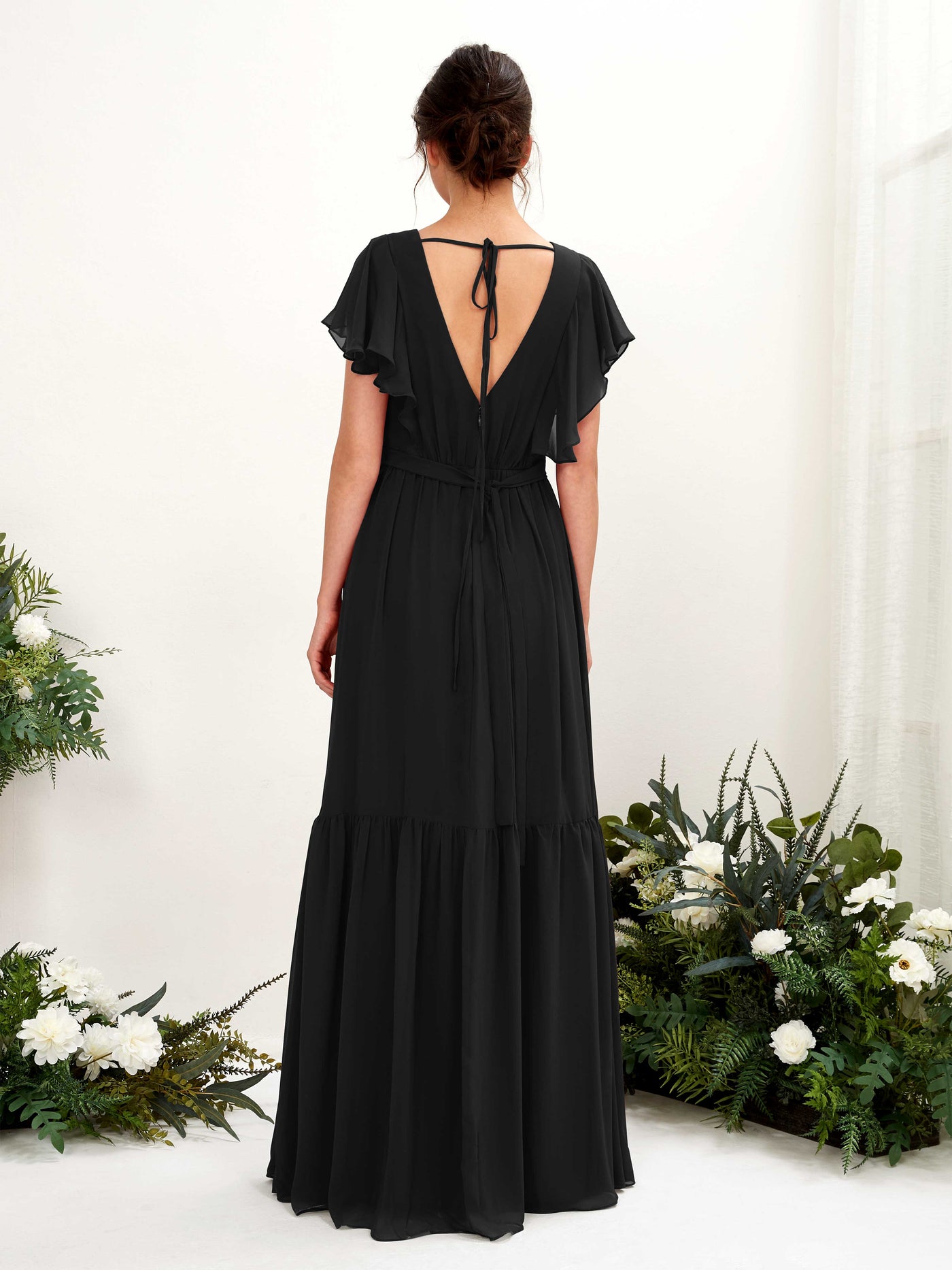 Black Bridesmaid Dresses Bridesmaid Dress A-line Chiffon V-neck Full Length Short Sleeves Wedding Party Dress (81225915)#color_black