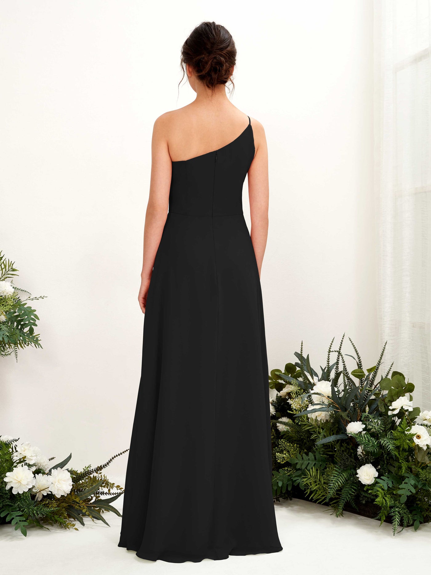 Black Bridesmaid Dresses Bridesmaid Dress A-line Chiffon One Shoulder Full Length Sleeveless Wedding Party Dress (81225715)#color_black