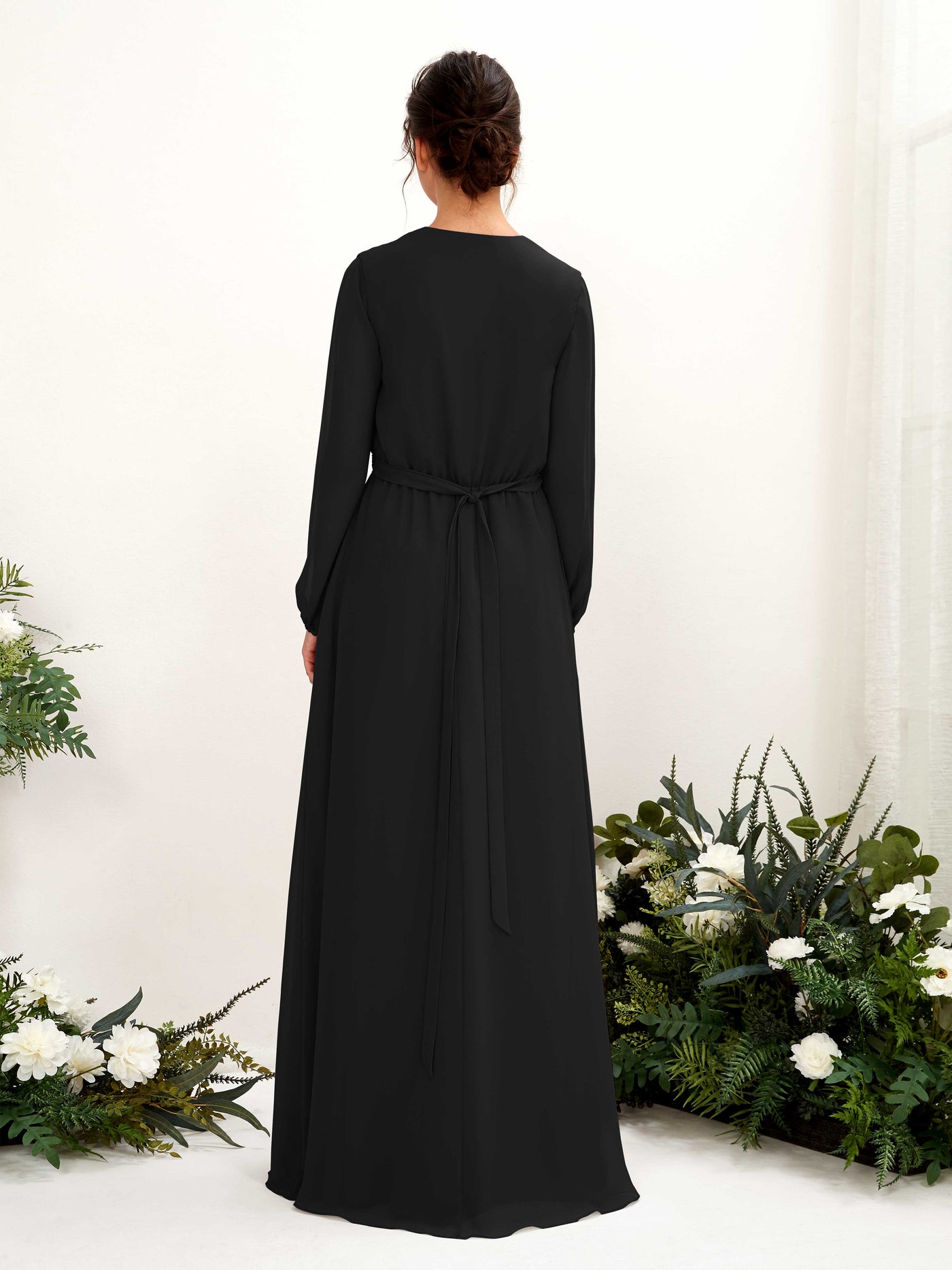 Black Bridesmaid Dresses Bridesmaid Dress A-line Chiffon V-neck Full Length Long Sleeves Wedding Party Dress (81223215)#color_black