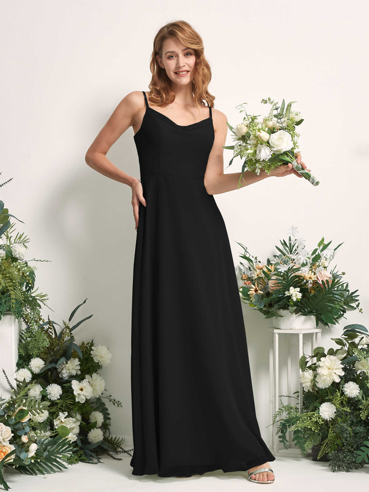 Bridesmaid Dress A-line Chiffon Spaghetti-straps Full Length Sleeveless Wedding Party Dress - Black (81227215)