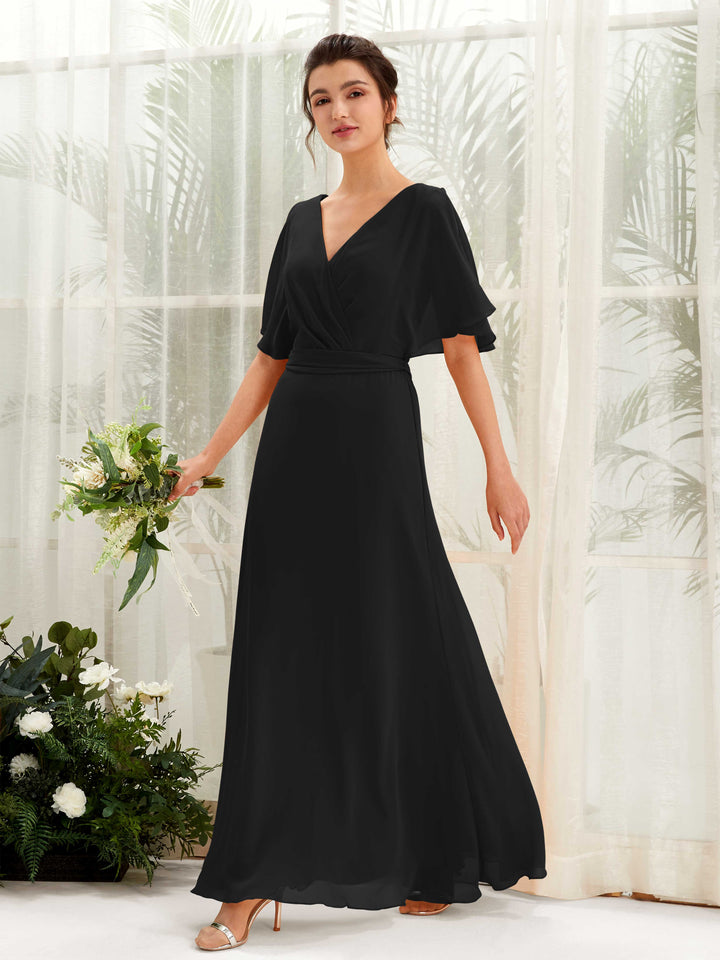 Black Bridesmaid Dresses Bridesmaid Dress A-line Chiffon V-neck Full Length Short Sleeves Wedding Party Dress (81222415)