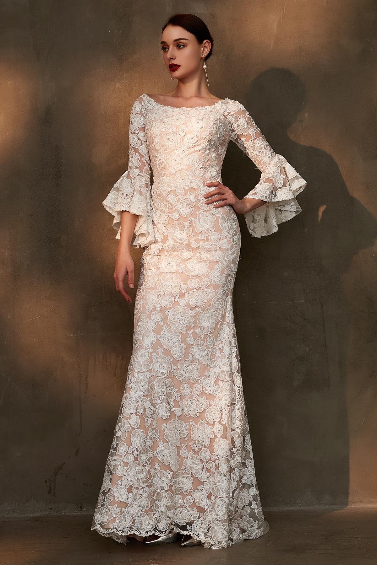 Ball Gown Bateau Long Sleeves Full Length Lace Wedding Dresses