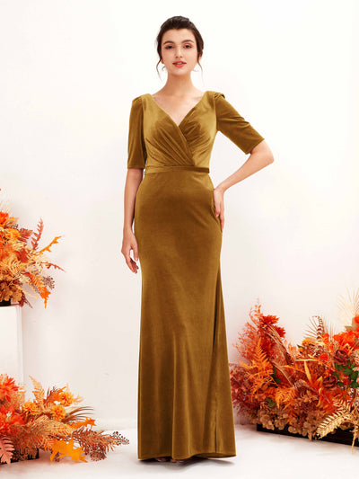 Carlyna Flora Sheath Burnished Gold Velvet Bridesmaid Dress Maxi Half Sleeve V-Neck Dress Side View 2 #color_burnished-gold