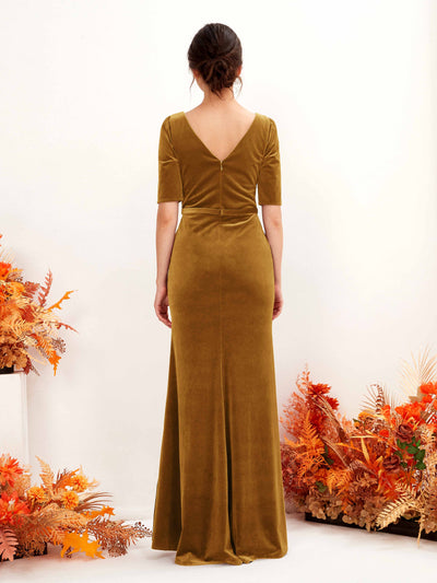 Carlyna Flora Sheath Burnished Gold Velvet Bridesmaid Dress Maxi Half Sleeve V-Neck Dress Back View #color_burnished-gold