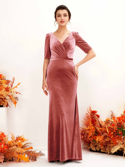 Carlyna Flora Sheath Dusty Rose Velvet Bridesmaid Dress Maxi Half Sleeve V-Neck Dress Side View 2 #color_dusty-rose