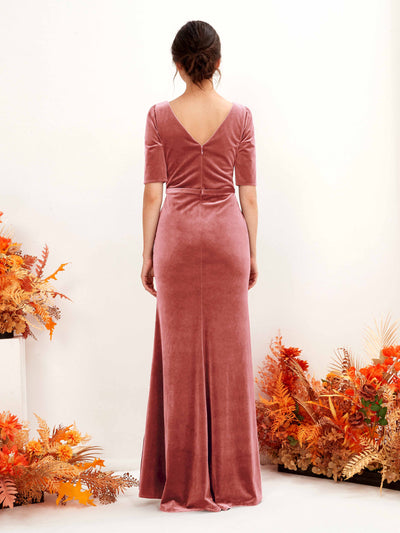 Carlyna Flora Sheath Dusty Rose Velvet Bridesmaid Dress Maxi Half Sleeve V-Neck Dress Back View #color_dusty-rose