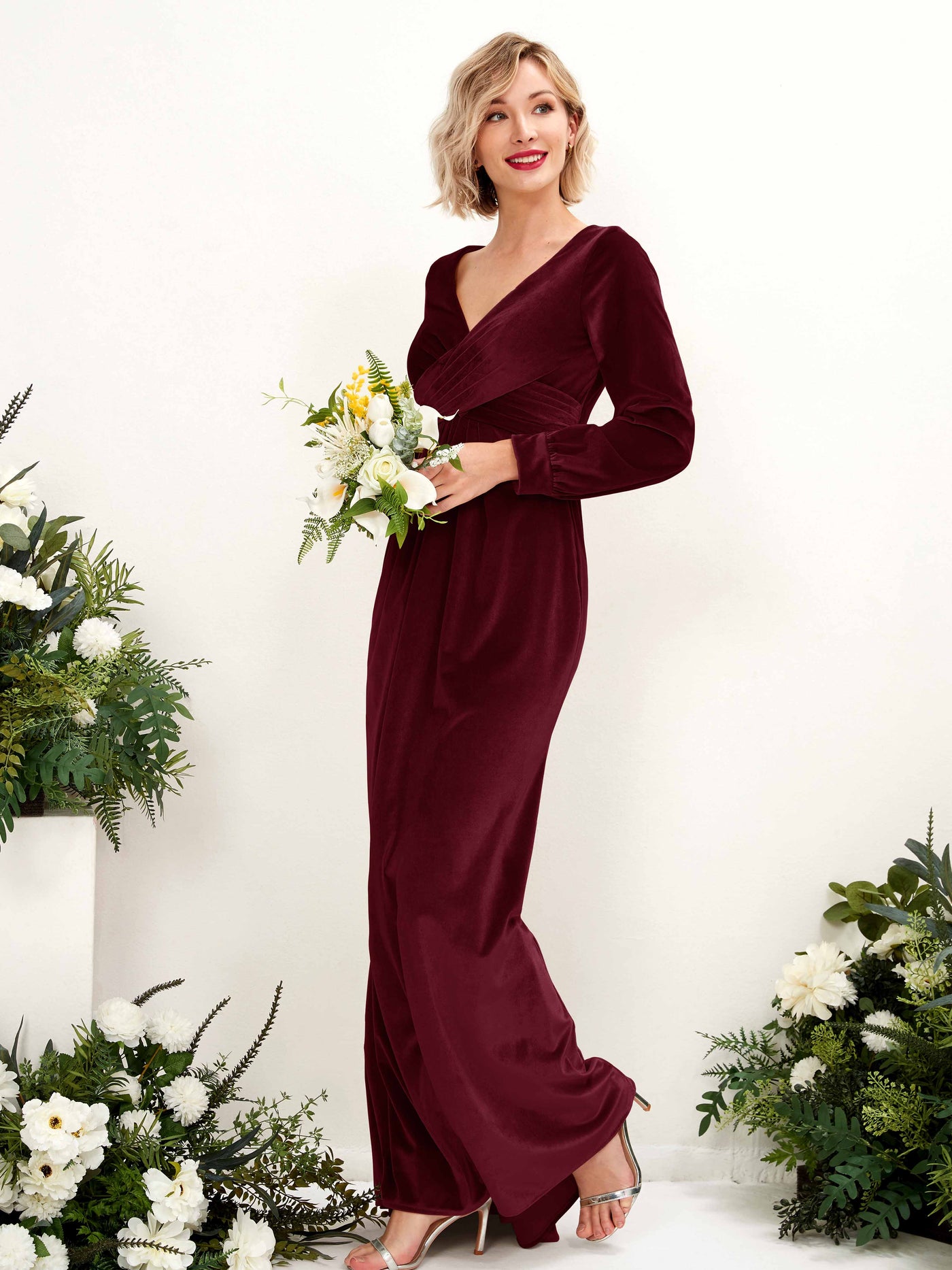 Burgundy Bridesmaid Dresses Bridesmaid Dress Empire Waist Velvet V-neck Full Length Long Sleeves Wedding Party Dress (80222513)#color_burgundy