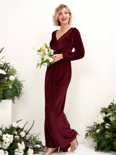 Carlyna Camille Sheath Burgundy Velvet Bridesmaid Dress Maxi Long Sleeve V-Neck Front View #color_burgundy