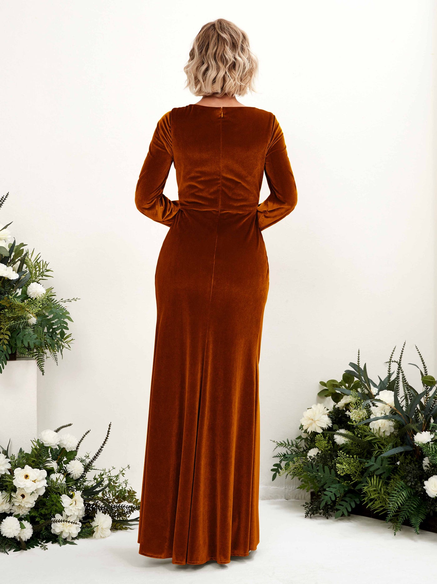 Burant Orange Bridesmaid Dresses Bridesmaid Dress Empire Waist Velvet V-neck Full Length Long Sleeves Wedding Party Dress (80222522)#color_burant-orange