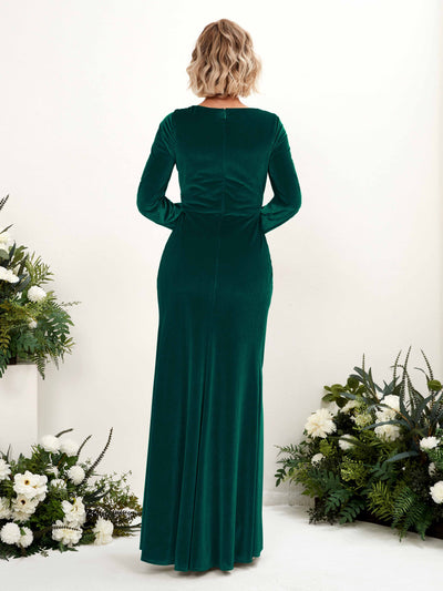 Carlyna Camille Sheath Hunter Green Velvet Bridesmaid Dress Maxi Long Sleeve V-Neck Back View #color_hunter-green