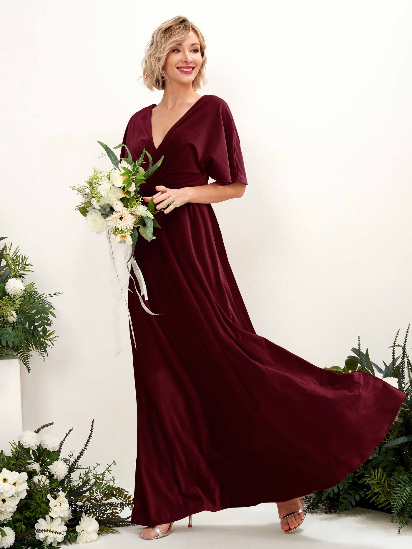 Burgundy Bridesmaid Dresses Bridesmaid Dress A-line Velvet V-neck Full Length Short Sleeves Wedding Party Dress (80222813)#color_burgundy