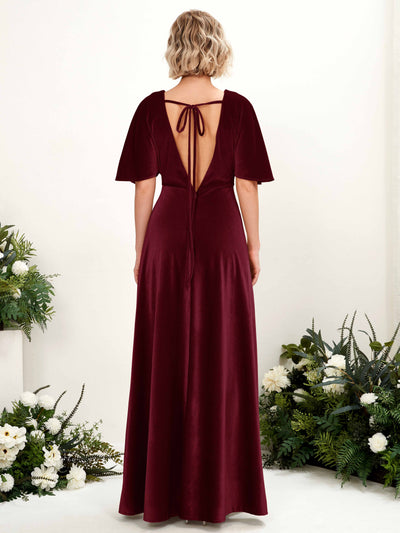 Carlyna Erica A-Line Burgundy Velvet Bridesmaid Dress Maxi Short Sleeve V-Neck Dress Back View #color_burgundy