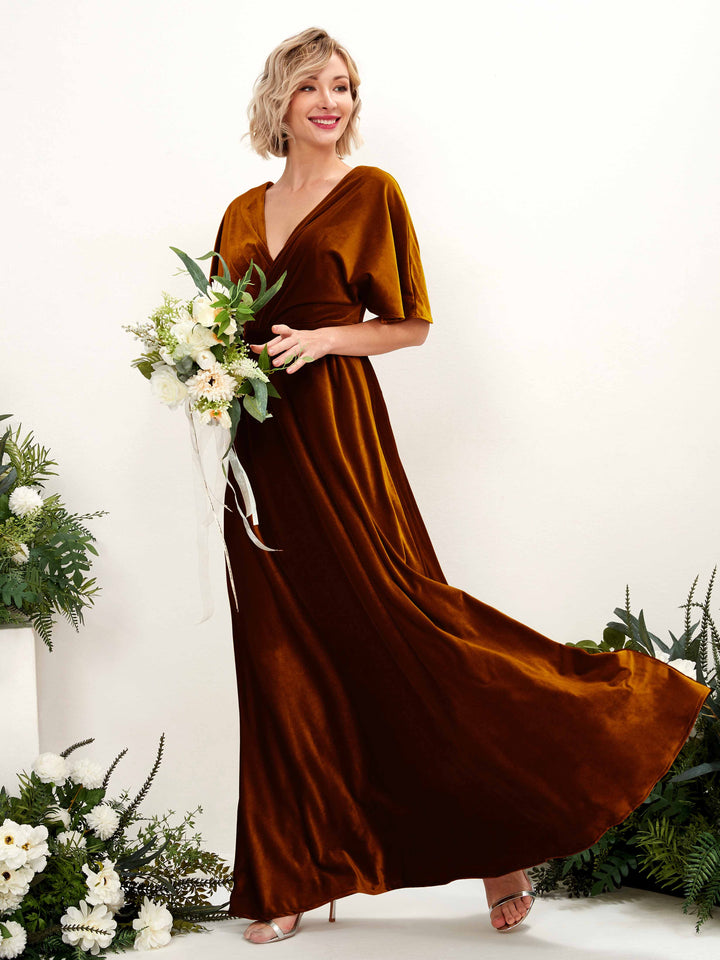 Burant Orange Bridesmaid Dresses Bridesmaid Dress A-line Velvet V-neck Full Length Short Sleeves Wedding Party Dress (80222822)