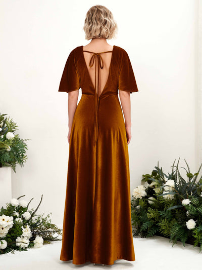 Carlyna Erica A-Line Burnt Orange Velvet Bridesmaid Dress Maxi Short Sleeve V-Neck Dress Back View #color_burnt-orange