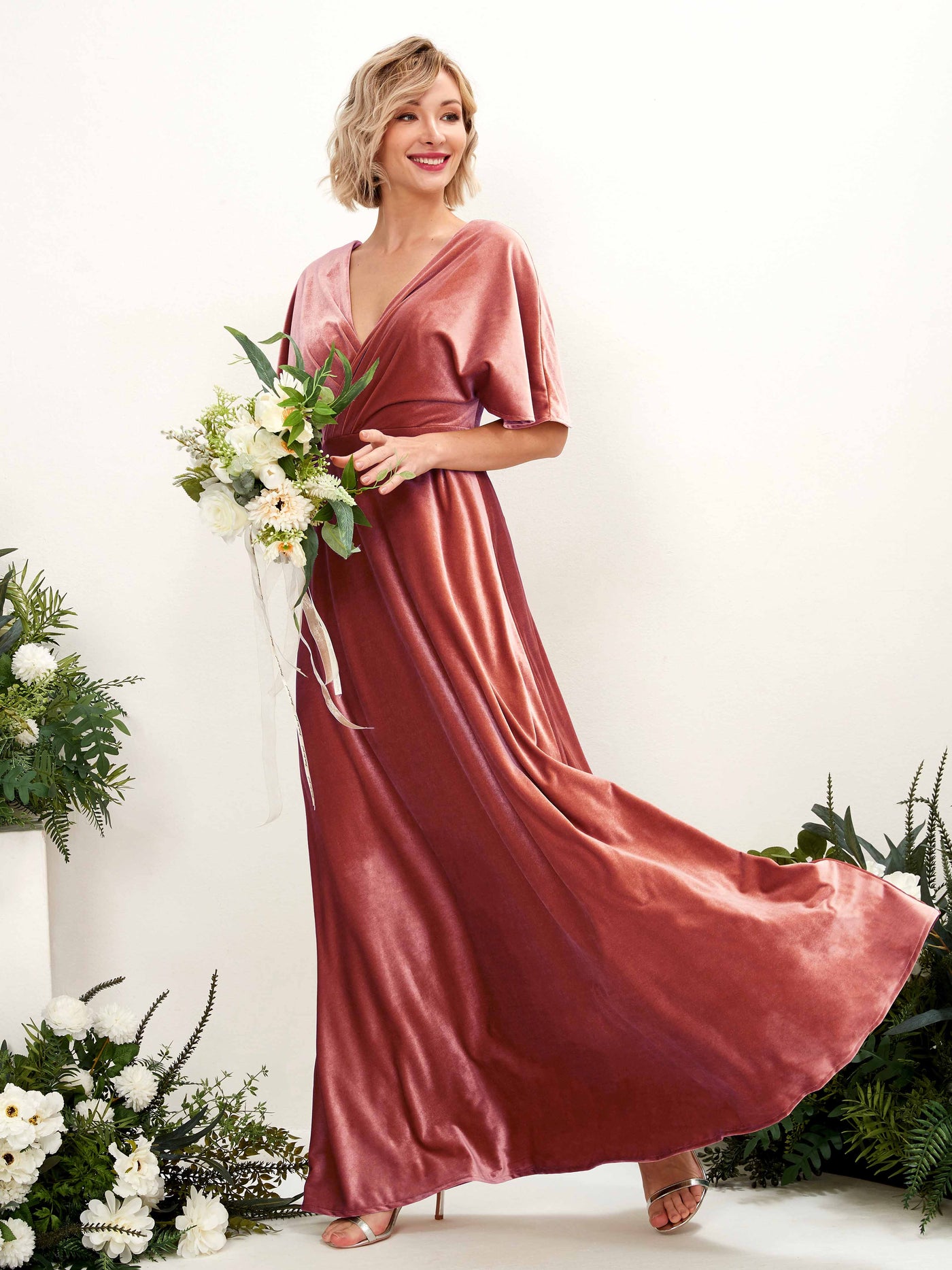 Dusty Rose Velvet Bridesmaid Dress A-Line Maxi Short Sleeve V-Neck