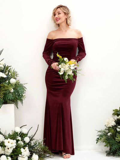 Carlyna Elaine Mermaid Burgundy Velvet Bridesmaid Dress Maxi Long Sleeve Off the Shoulder Front View #color_burgundy