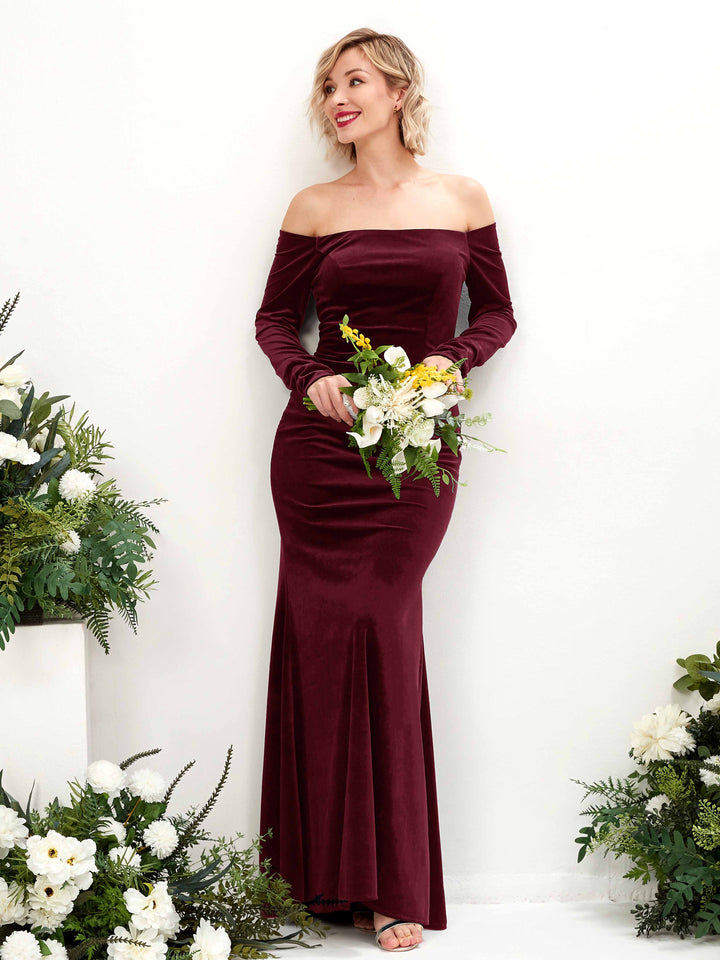 Burgundy Bridesmaid Dresses Bridesmaid Dress Mermaid/Trumpet Velvet Off Shoulder Full Length Long Sleeves Wedding Party Dress (80223513)