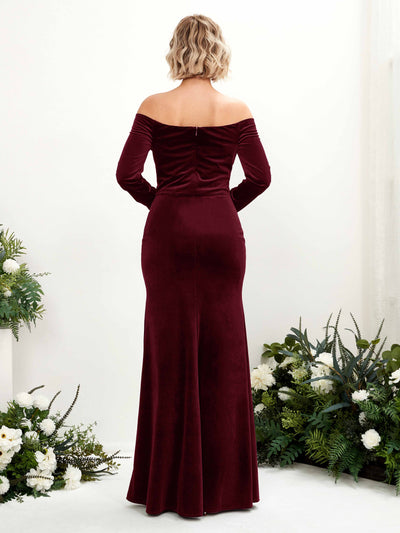 Carlyna Elaine Mermaid Burgundy Velvet Bridesmaid Dress Maxi Long Sleeve Off the Shoulder Back View #color_burgundy