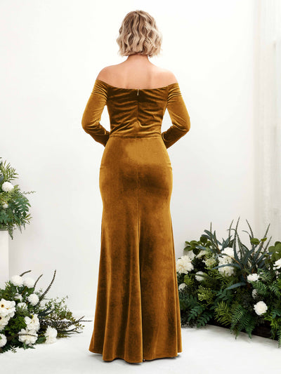 Carlyna Elaine Mermaid Burnished Gold Velvet Bridesmaid Dress Maxi Long Sleeve Off the Shoulder Back View #color_burnished-gold