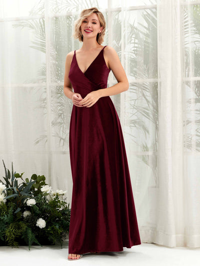 Carlyna Sheila A-Line Burgundy Velvet Bridesmaid Dress Maxi Sleeveless V-Neck Dress Front View #color_burgundy