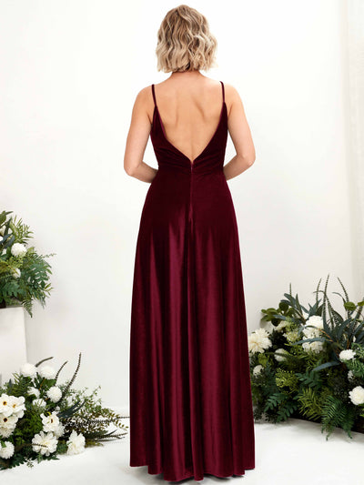Carlyna Sheila A-Line Burgundy Velvet Bridesmaid Dress Maxi Sleeveless V-Neck Dress Back View #color_burgundy