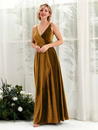 Carlyna Sheila A-Line Burnished Gold Velvet Bridesmaid Dress Maxi Sleeveless V-Neck Dress Front View #color_burnished-gold