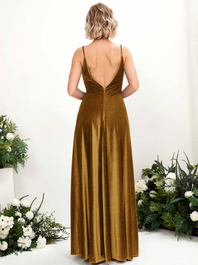 Carlyna Sheila A-Line Burnished Gold Velvet Bridesmaid Dress Maxi Sleeveless V-Neck Dress Back View #color_burnished-gold
