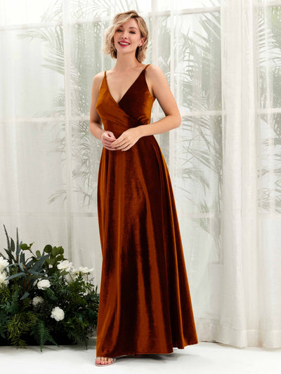 Carlyna Sheila A-Line Burant Orange Velvet Bridesmaid Dress Maxi Sleeveless V-Neck Dress Front View #color_burant-orange