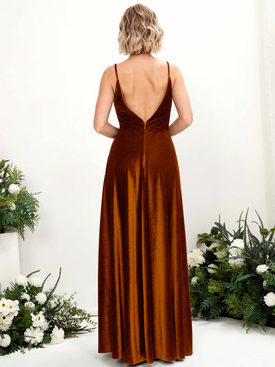 Carlyna Sheila A-Line Burant Orange Velvet Bridesmaid Dress Maxi Sleeveless V-Neck Dress Back View #color_burant-orange