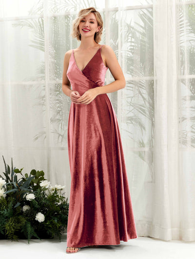 Carlyna Sheila A-Line Dusty Rose Velvet Bridesmaid Dress Maxi Sleeveless V-Neck Dress Front View #color_dusty-rose