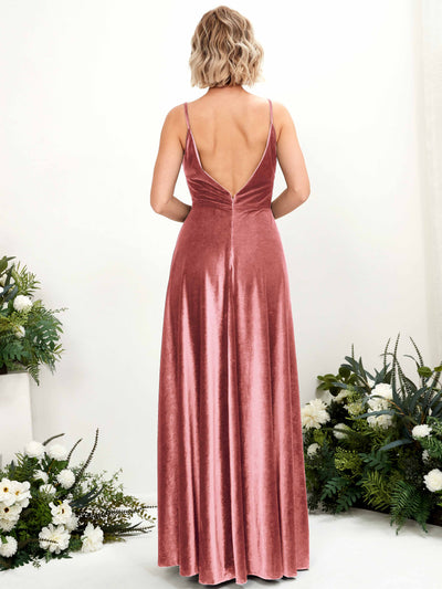 Carlyna Sheila A-Line Dusty Rose Velvet Bridesmaid Dress Maxi Sleeveless V-Neck Dress Back View #color_dusty-rose