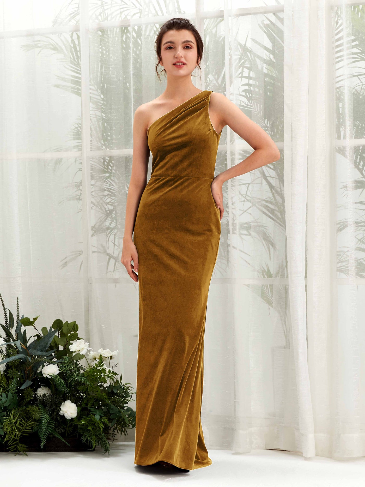 Burnished Gold Bridesmaid Dresses Bridesmaid Dress Mermaid/Trumpet Velvet One Shoulder Full Length Sleeveless Wedding Party Dress (80224416)#color_burnished-gold