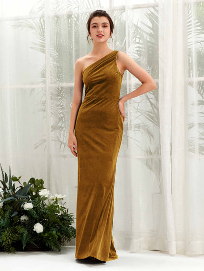 Carlyna Dana Sheath Burnished Gold Velvet Bridesmaid Dress Maxi Sleeveless One Shoulder Dress Front View #color_burnished-gold