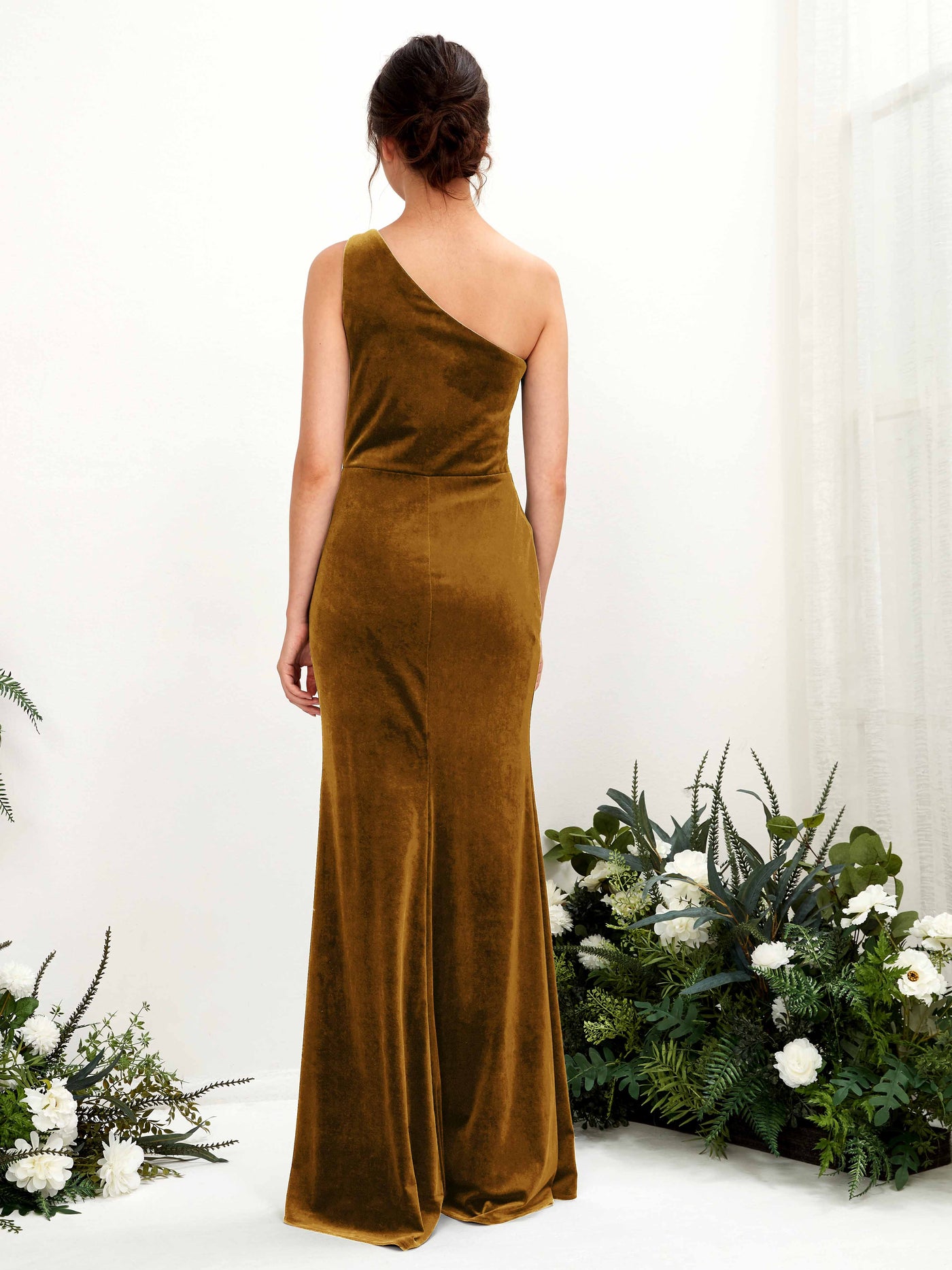 Burnished Gold Bridesmaid Dresses Bridesmaid Dress Mermaid/Trumpet Velvet One Shoulder Full Length Sleeveless Wedding Party Dress (80224416)#color_burnished-gold