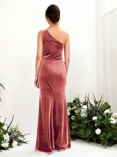 Carlyna Dana Sheath Dusty Rose Velvet Bridesmaid Dress Maxi Sleeveless One Shoulder Dress Back View #color_dusty-rose